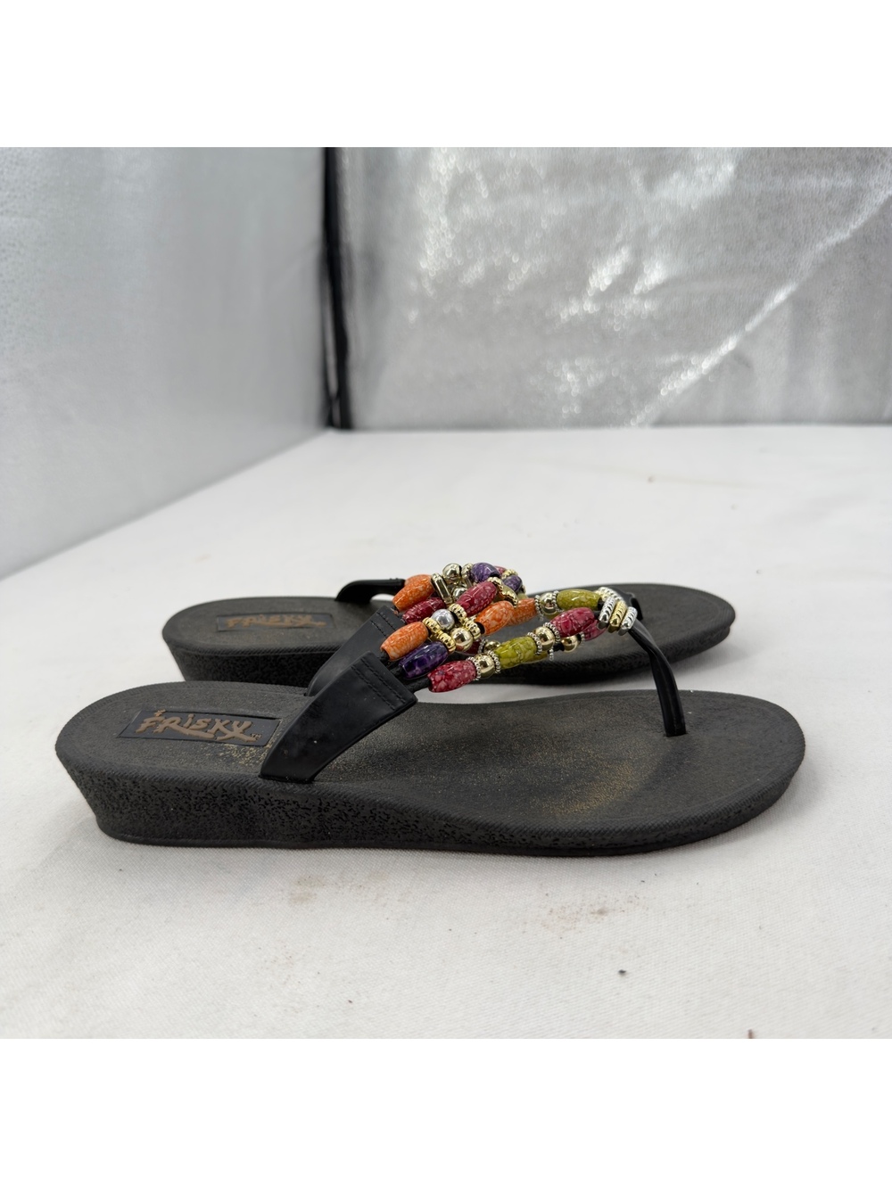 Vintage Frisky Beaded Thong  Wedge Sandals Black US Women's Size 8 Bohemian